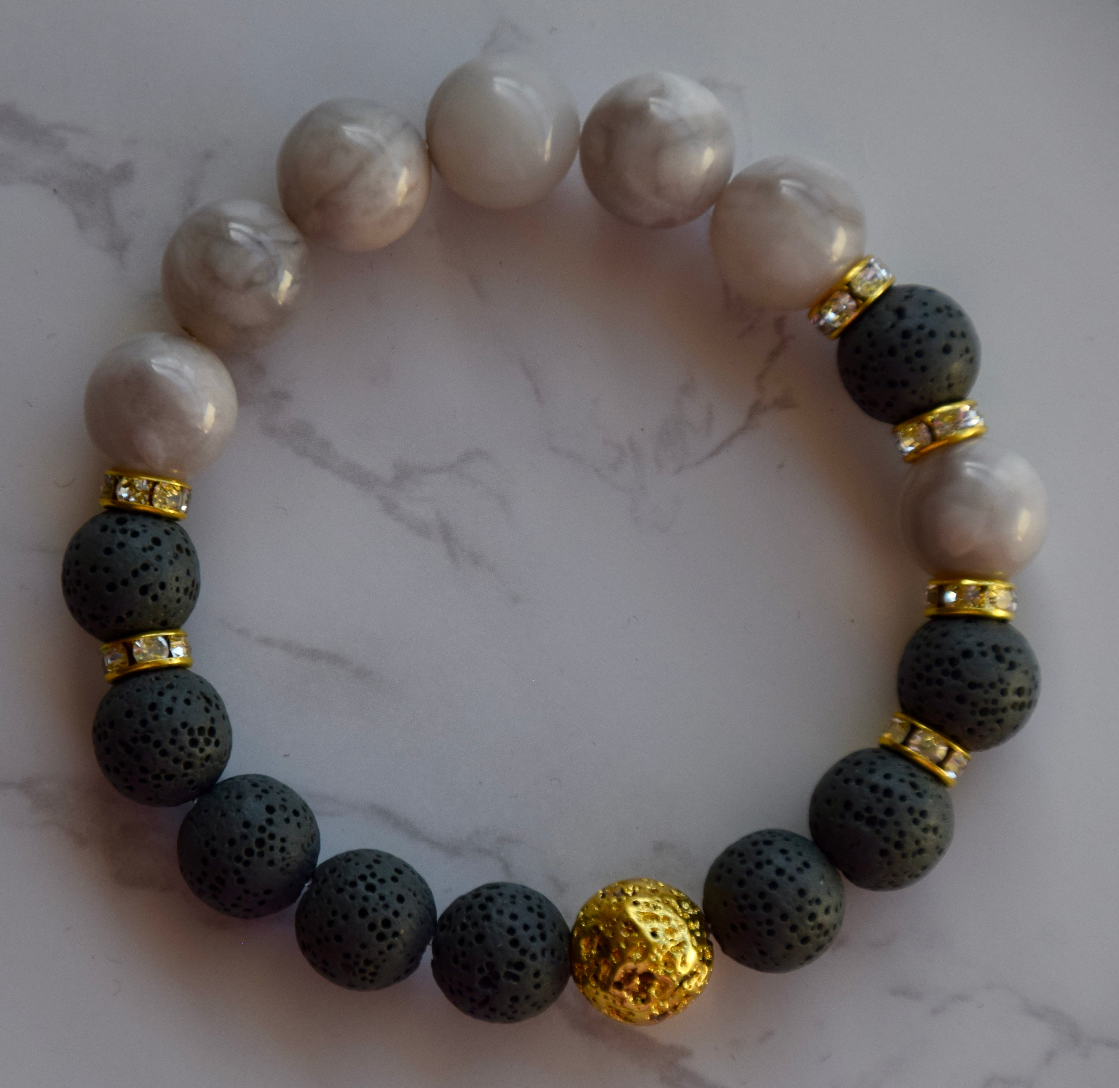 White Crazy Agate & Grey Lava Stones Diffuser Bracelet