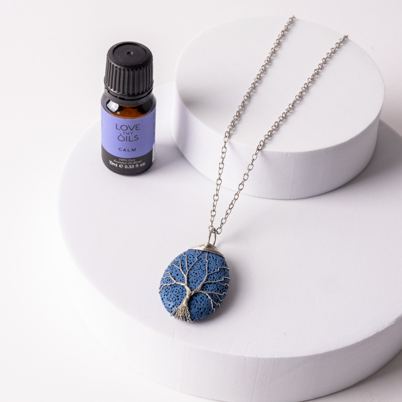 Tree of Life Lava Stone Necklace - Blue