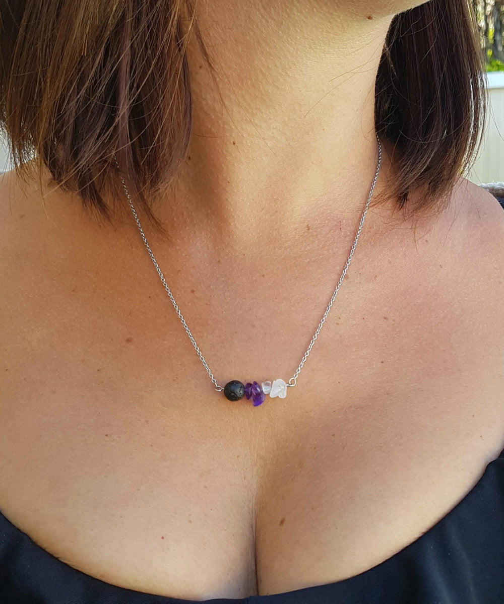 Amethyst, rose quartz and lava stone essential oil diffusing necklace. aromatherapy jewellery