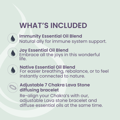 Harmony Collection (Immunity+Joy+Native)+Adjustable 7 Chakra Lava Stone diffusing bracelet