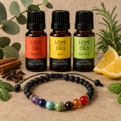 Harmony Collection (Immunity+Joy+Native)+Adjustable 7 Chakra Lava Stone diffusing bracelet