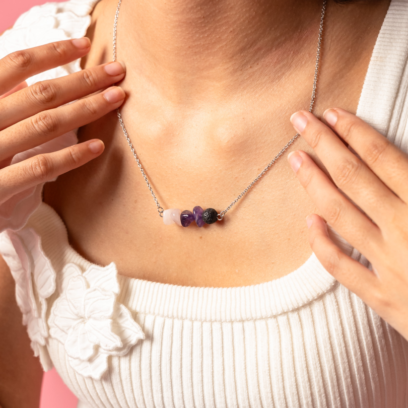 Amethyst, Rose Quartz & Lava Stone Diffusing Necklace