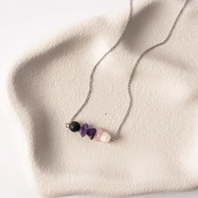 Amethyst, Rose Quartz & Lava Stone Diffusing Necklace