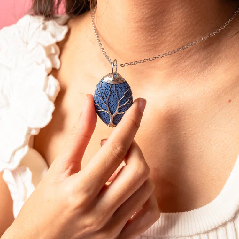 Tree of Life Lava Stone Necklace - Blue