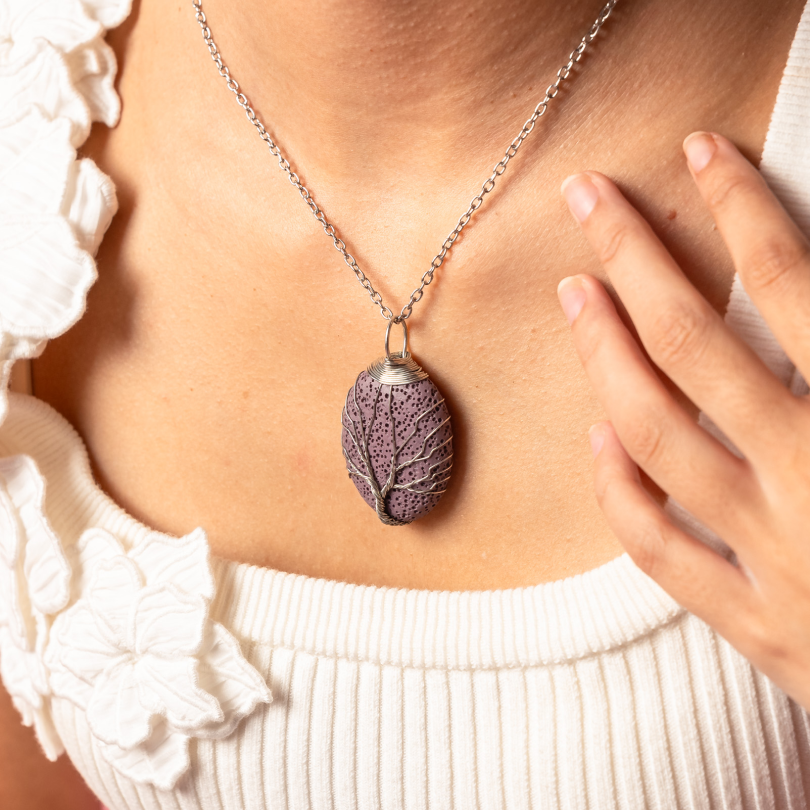 Tree of Life Lava Stone Necklace - Purple