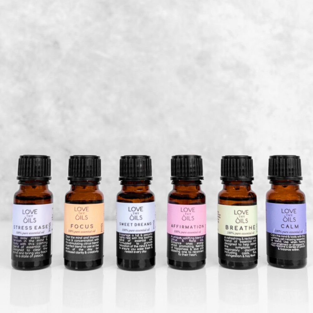 100% Pure essential oils.  Pack of 6 essential oil blends.