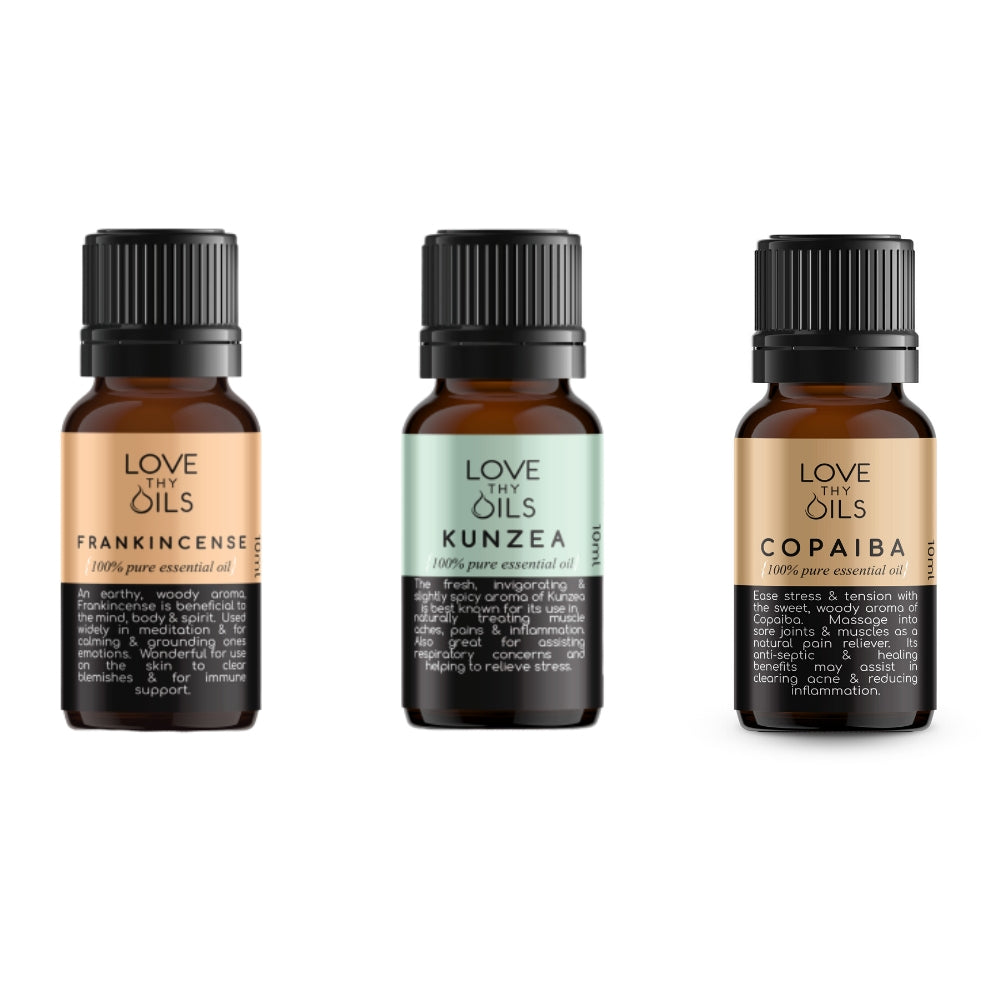 Essential oils for aches and pains.  Frankincense, Kunzea & Copaiba 100% pure essential oils for inflammation & pain.