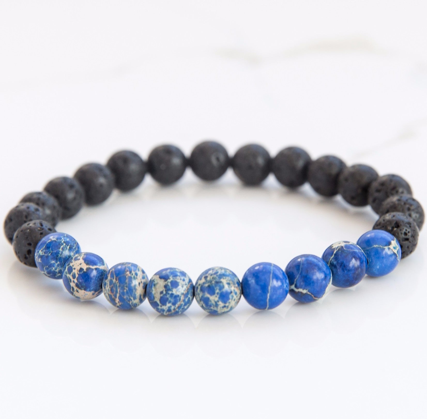 Blue Imperial Jasper & Lava Stone diffusing bracelet for essential oil aromatherapy jewelery