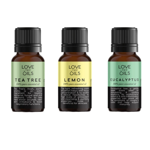 Essential Oils for immune support.  Tea tree, lemon and eucalyptus 100% pure aromatherapy oils.