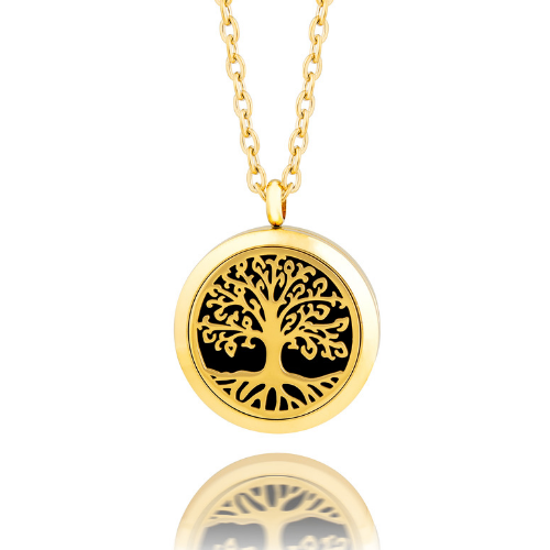 Essential oil diffuser necklace, aromatherapy locket tree of life yellow gold